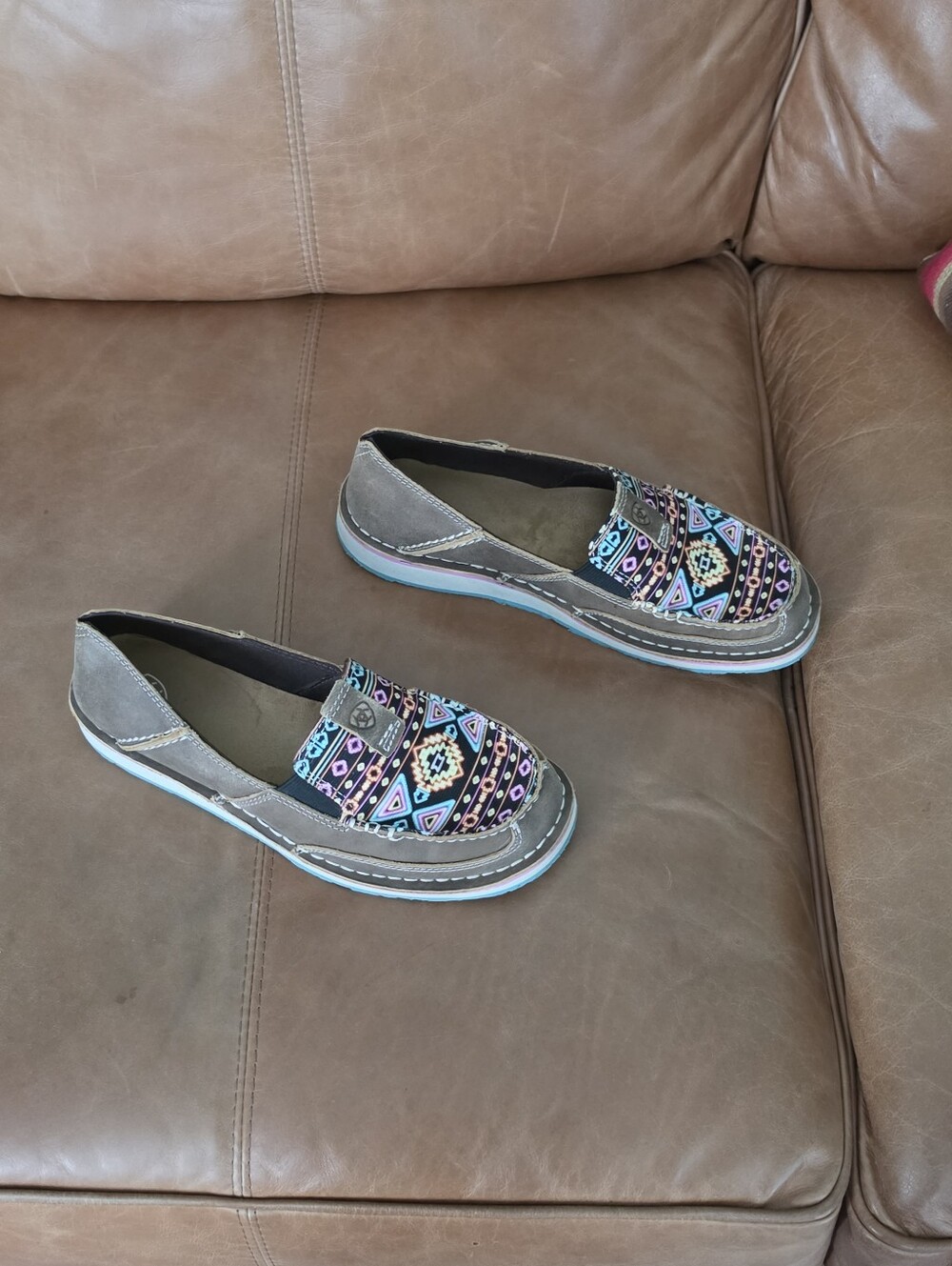 Ariat Brown Moccasin Loafers with Multicolor Aztec Print - Picture 4 of 7